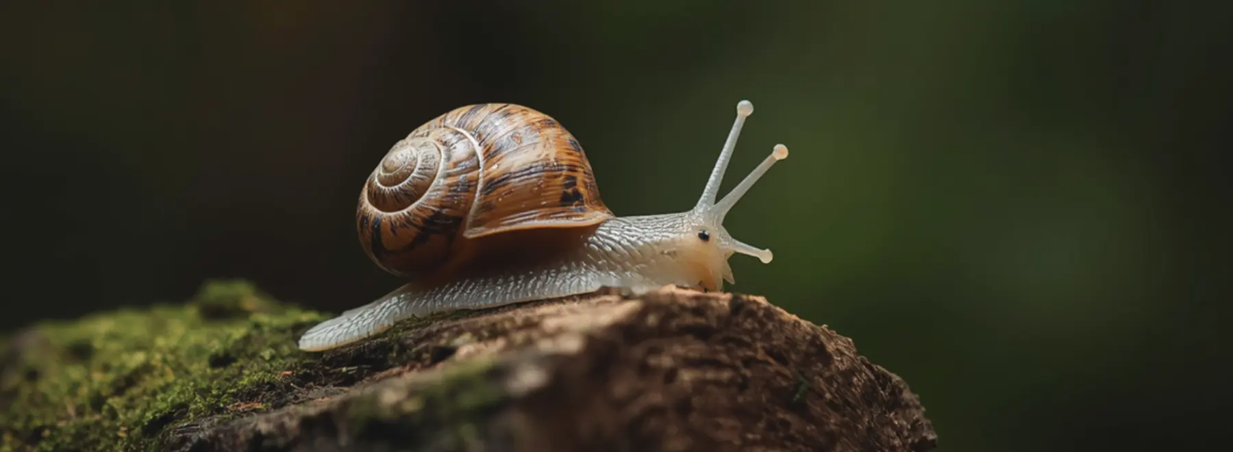 A snail crossing a mossy log, photographed close up